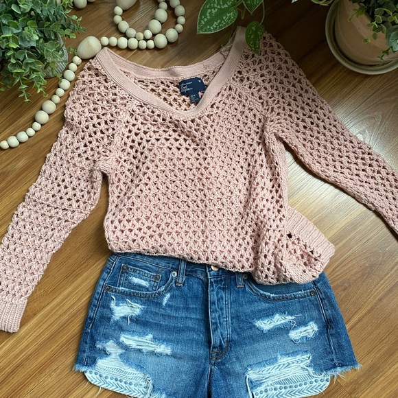 AMERICAN EAGLE AE 3/4 sleeve MESH SHEER sweater size XS Soft Girl Aesthetic - Picture 2 of 6